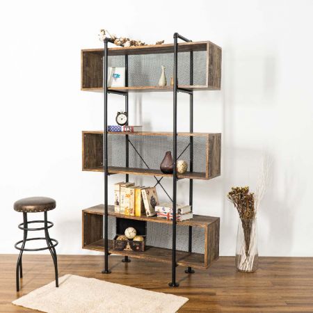 Tá 6 leibhéal ann freisin chun earraí a chur. Tá píopaí iarainn faoin tseilf chun an meáchan a iompar. Tá an airde comhdhéanta de phíopaí iarainn bhabhta 90.0cm atá faoi ghlas suas agus síos. Is é 185.0cm fad iomlán an tseilf leabhar. Is é 60.0cm an fad idir an dá phíobán iarainn fhada.